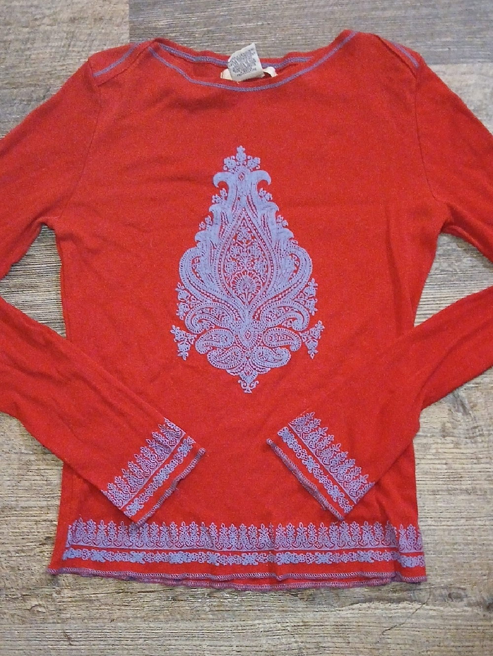 Free People Red Long-Sleeve Tee with Light Blue Printed MANDALA and Trim. Small